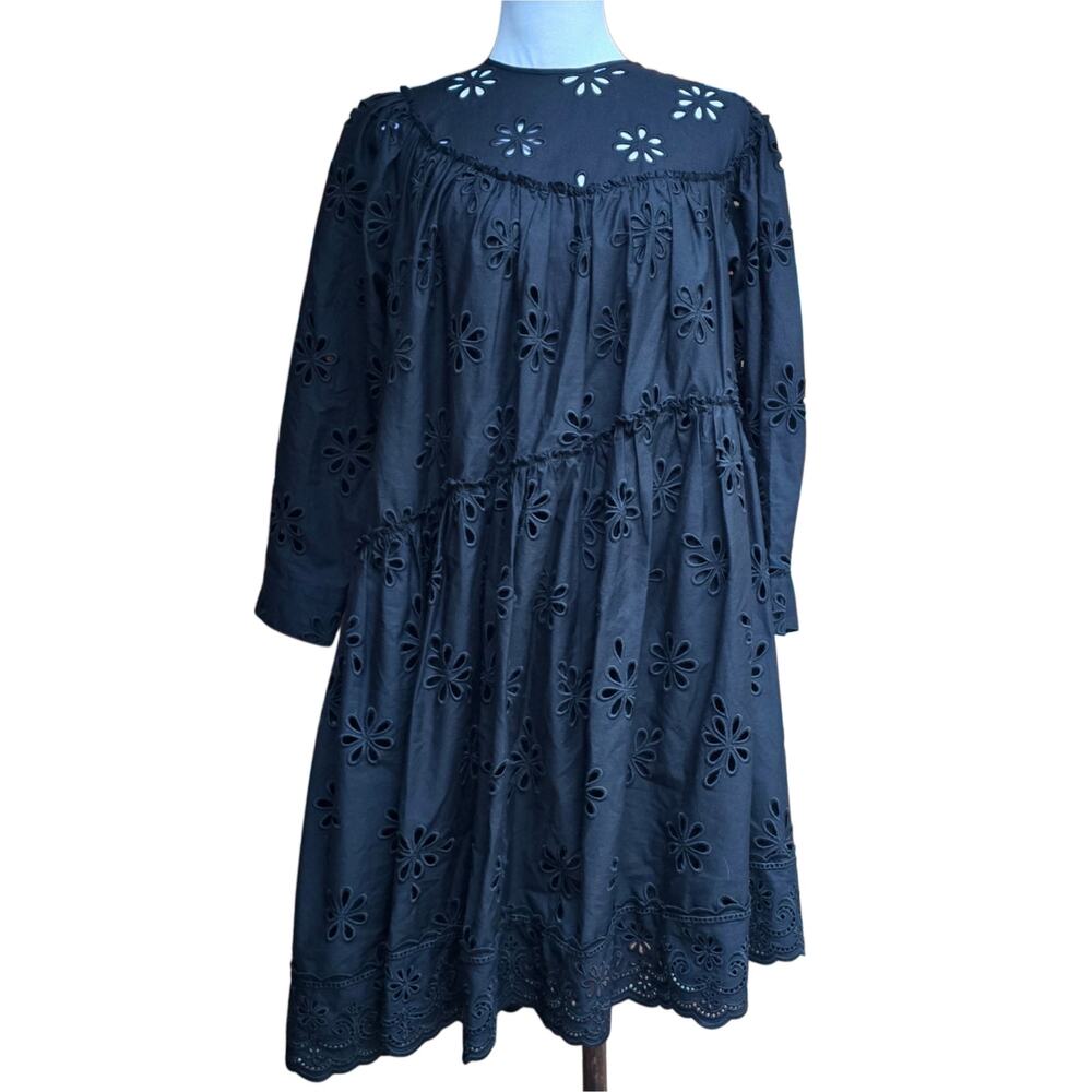 Simone Rocha H&M Black Eyelet Dress XS Embroider Cotton Floral Ruffle Asymmetric